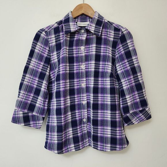 REBECCA MALONE Women's Purple Plaid Button Up Shirt 3/4 Sleeve Size S - Picture 1 of 7